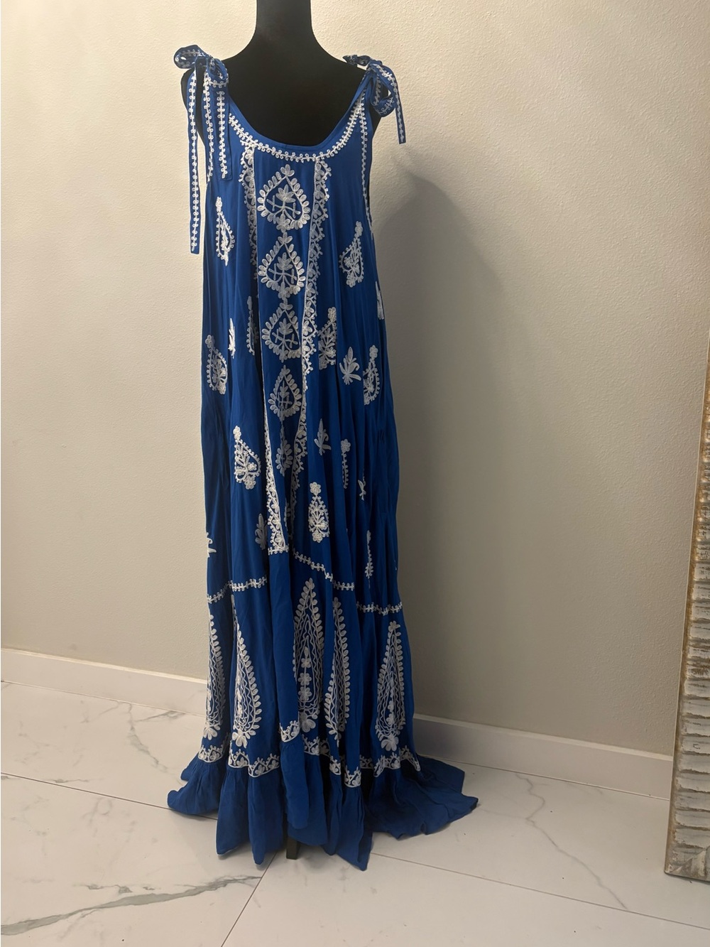 PRANELLA Blue Embroidered Tie-Shoulder Maxi Dress - Picture 10 of 12